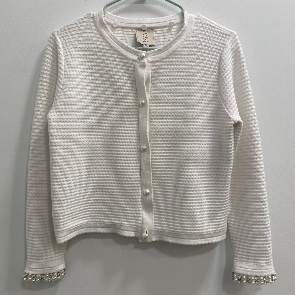 Sioni Cardigan W Sz S White Pearl Rhinestone Cuff Textured Sweater Quiet Luxury